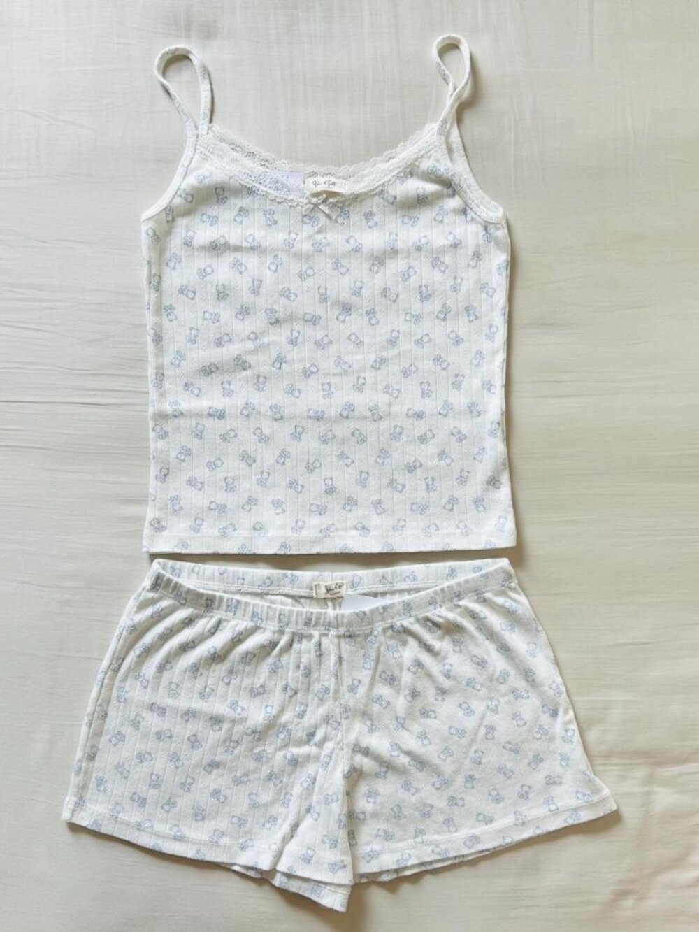 BNWT Brandy Melville-John Galt white and baby blue teddy bears lace eyelet bow